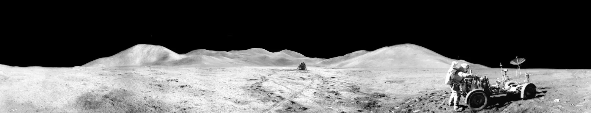 Apollo 15 panorama: a lunar rover on the Moon's surface with mountains on the horizon